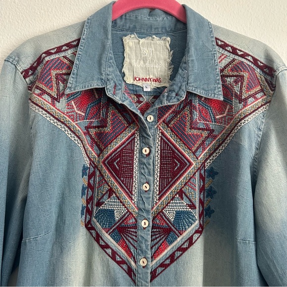 Johnny Was Blue Embroidered Chambray Shirt | Size Large - Picture 3 of 7